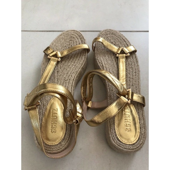 Schutz Sandalia Salto Baixo Jute Gold Metallic Platform Sandals - Picture 6 of 12